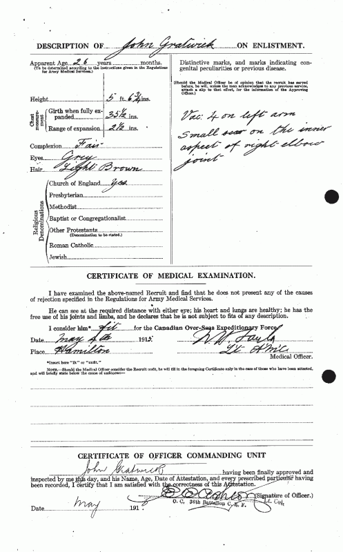 Private John Gratwick 406652 18th Battalion (Western Ontario), CEF ...